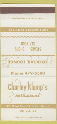 Matchbook Cover - Charley Klump's Restaurant Harbor Beach MI WEAR 30 Strike