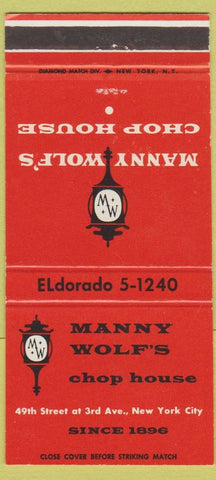 Matchbook Cover - Manny Wolf's Chop House New York City 30 Strike
