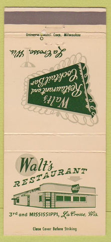 Matchbook Cover - Walt's Restaurant La Crosse WI 30 Strike
