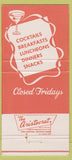 Matchbook Cover - Walt's Restaurant La Crosse WI 30 Strike