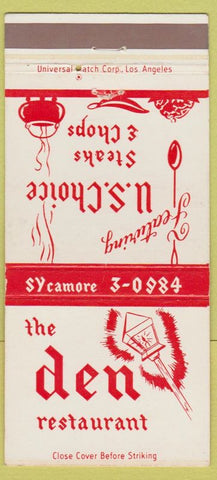 Matchbook Cover - The Den Restaurant Pasadena CA 30 Strike