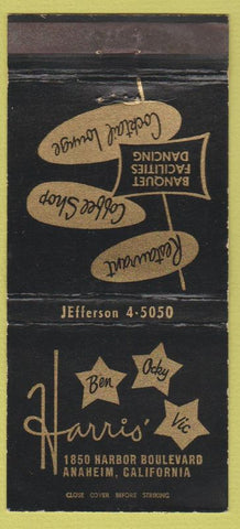 Matchbook Cover - Harris Restaurant Anaheim CA 30 Strike
