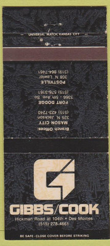 Matchbook Cover - Gibbs Cook Des Moines IA 30 Strike