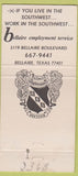 Matchbook Cover - Bellaire Employment Service Bellaire TX 30 Strike