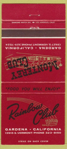 Matchbook Cover - Rainbow Club Gardena CA Monterey Club cards poker 30 Strike