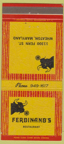 Matchbook Cover - Ferdinand's Restaurant Wheaton MD 30 Strike