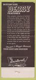 Matchbook Cover - Derby Restaurant Arcadia CA 30 Strike