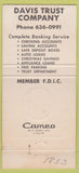 Matchbook Cover - Davis Trust Company Elkins WV 30 Strike