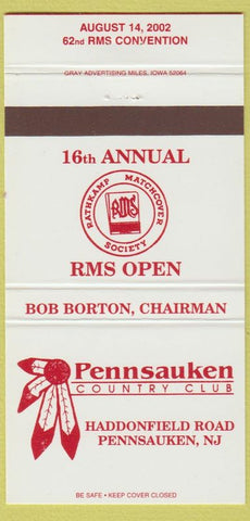 Matchbook Cover - Pennsauken Country Club Pennsauken NJ RMS 30 Strike