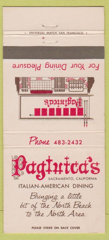 Matchbook Cover - Pagluica's Italian Restaurant Sacramento CA 30 Strike