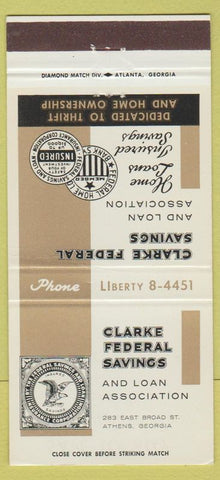 Matchbook Cover - Clarke Federal Savings Loan Athens GA 30 Strike