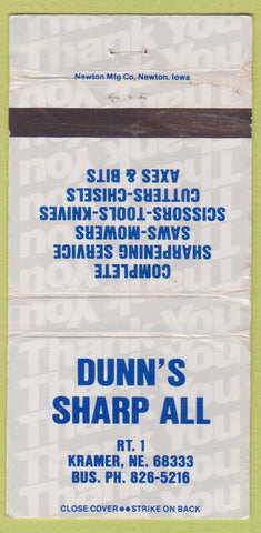 Matchbook Cover - Dunn's Sharp All Kramer NE saw knifes WORN 30 Strike