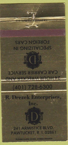 Matchbook Cover - Drezek Foreign Car Service towing Pawtucket RI gold 30 Strike