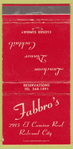 Matchbook Cover - Fabbro's Redwood City CA 30 Strike