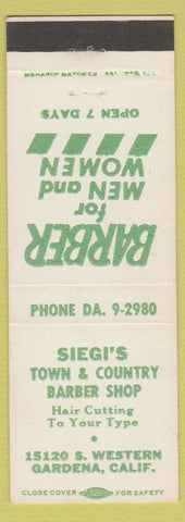 Matchbook Cover - Siegi's Town Country Barber Shop Gardena CA