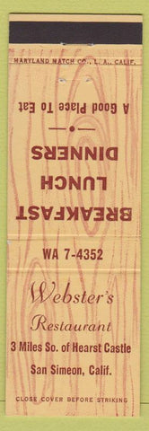 Matchbook Cover - Webster's Restaurant San Simeon CA