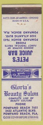 Matchbook Cover - Gloria's Beauty Salon Pompano Beach FL Juice Bar