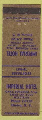 Matchbook Cover - Imperial Hotel Elmira NY