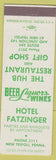 Matchbook Cover - Hotel Fatzinger New Tripoli PA Hub Restaurant