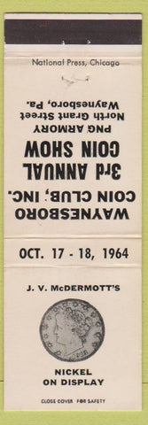 Matchbook Cover - Waynesboro PA coin club show 1964 Nickel