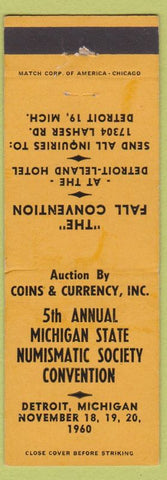 Matchbook Cover - Michigan State Numismatic Society 1960 Detroit MI coins