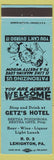 Matchbook Cover - Getz's Hotel Lehighton PA Bertha Pondorosa Getz