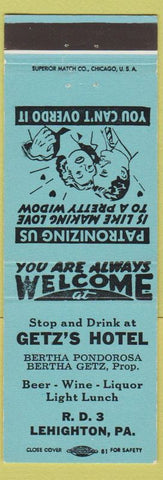 Matchbook Cover - Getz's Hotel Lehighton PA Bertha Pondorosa Getz