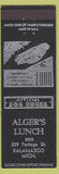 Matchbook Cover - Alger's Lunch Kalamazoo MI