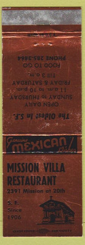 Matchbook Cover - Mission Villa Restaurant San Francisco CA