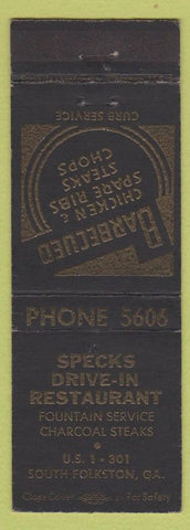 Matchbook Cover - Specks Drive Inn BBQ South Folkston GA