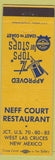 Matchbook Cover - Neff Court Restaurant West Las Cruces NM top hat