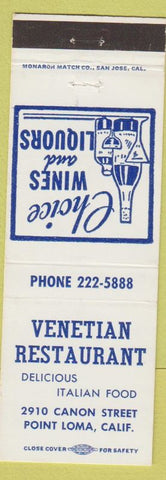 Matchbook Cover - Venetian Restaurant Point Loma CA Italian