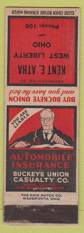 Matchbook Cover - Kent E Atha Buckeye Union Insurance West Liberty OH low phone