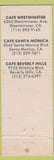 Matchbook Cover - Cafe Westminster CA Santa Monica Beverly Hills