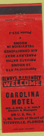 Matchbook Cover - Carolina Motel Titusville FL Holt Family