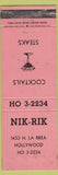 Matchbook Cover - Nik Rik Restaurant Hollywood CA WEAR