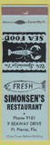 Matchbook Cover - Simonsen's Restaurant Fort Pierce FL lobster WRITING