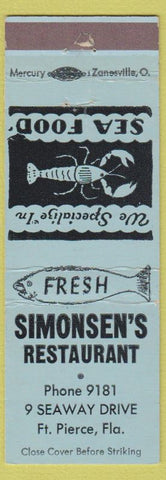 Matchbook Cover - Simonsen's Restaurant Fort Pierce FL lobster WRITING