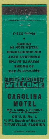 Matchbook Cover - Carolina Motel Titusville FL Holt Family teal WEAR