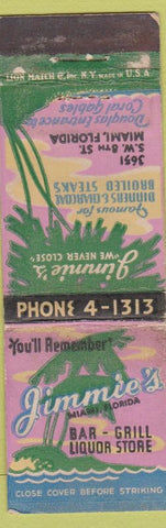 Matchbook Cover - Jimmie's Bar Grill Miami FL WORN