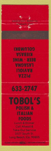 Matchbook Cover - Tobol's Polish Italian Food Long Beach CA Pizza Golumbki