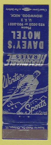 Matchbook Cover - Davey's Motel Ironwood MI skiing