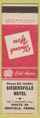 Matchbook Cover - Siegersville Hotel Orefield PA