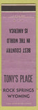 Matchbook Cover - Tony's Place Rock Springs WY