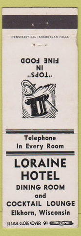 Matchbook Cover - Loraine Hotel Elkhorn WI top hat