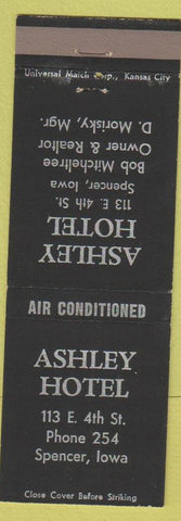 Matchbook Cover - Ashley Hotel Spencer IA low phone #  Bob Mitcheltree