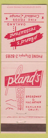 Matchbook Cover - Pland's Oakland CA restaurant