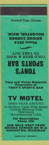 Matchbook Cover - Tony's Sports Bar Houghton MI TV Motel