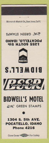 Matchbook Cover Bidwell's Motel Pocatello ID Chevron oil gas Green Stamps white