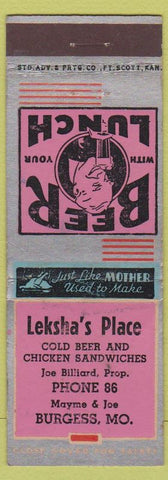 Matchbook Cover - Leksha's Place Burgess MO low phone Joe Billiard